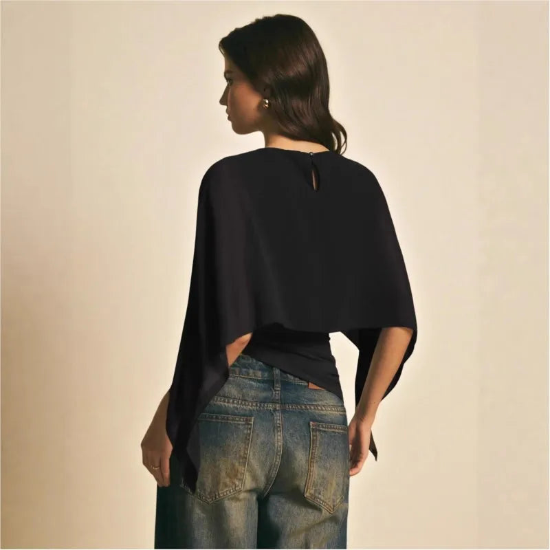 Casual Fashion Irregular T-Shirt 2026 round Neck Solid Color Chiffon Top Blouse for Women Blouse Slim Waist Fit Basics Commuting