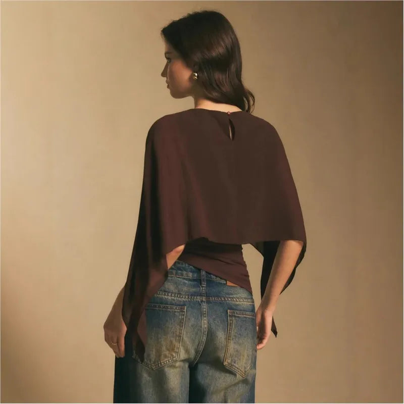 Casual Fashion Irregular T-Shirt 2026 round Neck Solid Color Chiffon Top Blouse for Women Blouse Slim Waist Fit Basics Commuting