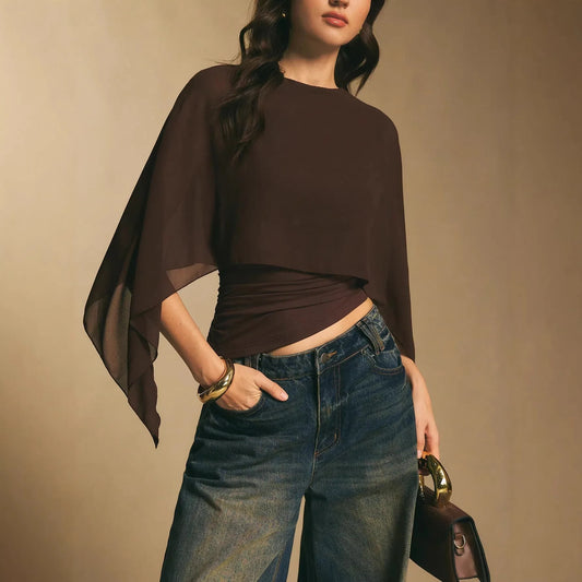 Casual Fashion Irregular T-Shirt 2026 round Neck Solid Color Chiffon Top Blouse for Women Blouse Slim Waist Fit Basics Commuting