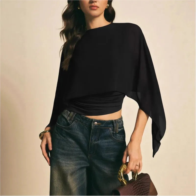 Casual Fashion Irregular T-Shirt 2026 round Neck Solid Color Chiffon Top Blouse for Women Blouse Slim Waist Fit Basics Commuting